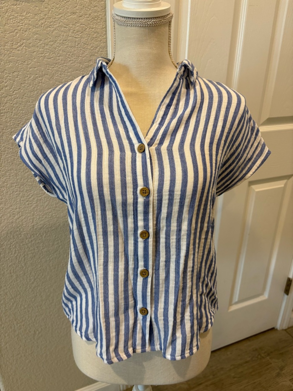 100% cotton Blue and White Striped Button Top